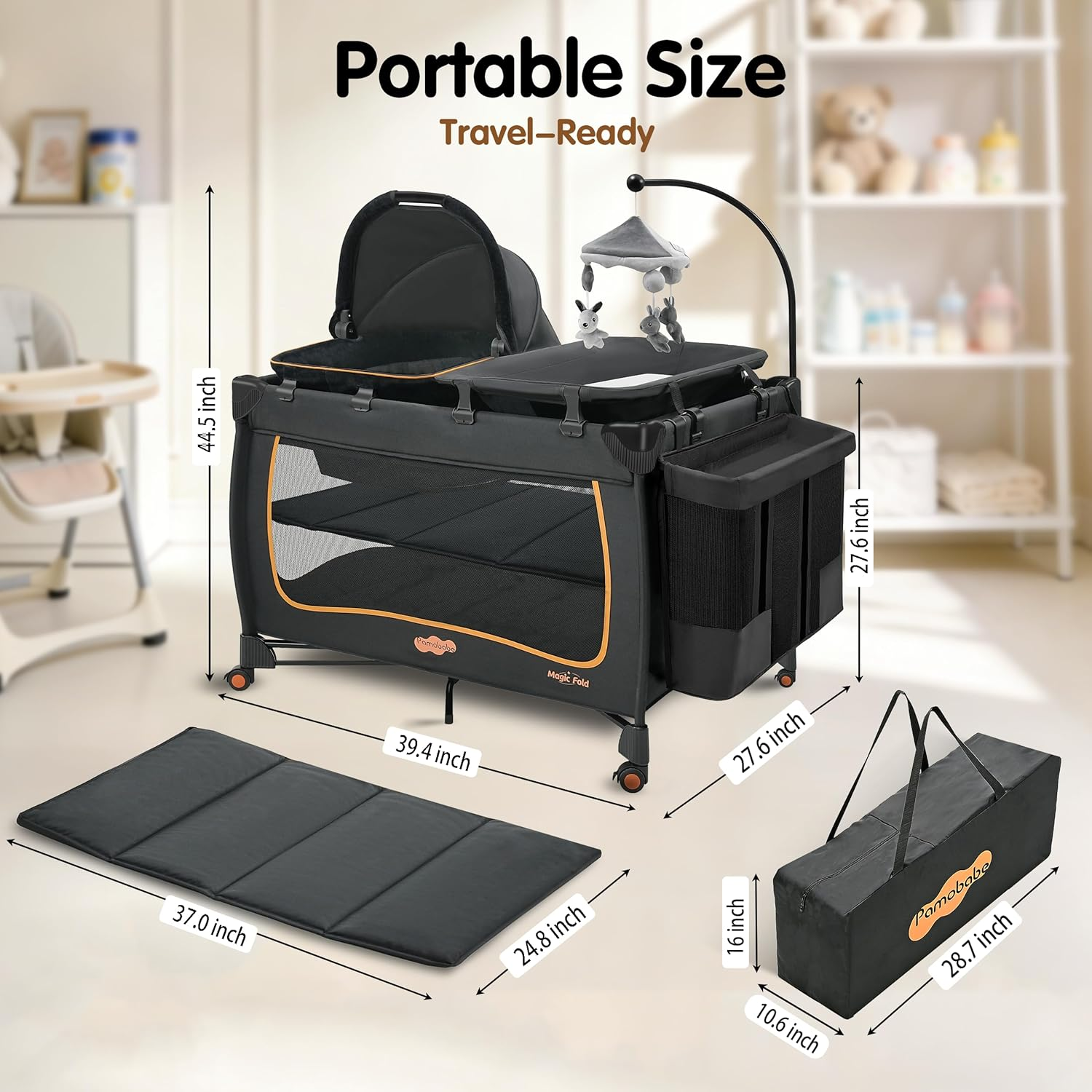 6 in 1 Baby Pack and Play with Bassinet - One-Step Setup Travel Crib, Small Portable Playpen for Babies, Portable Baby Bassinet, Changing Table, Toys Bar & Extra Large Storage Bag