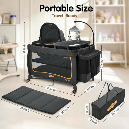6 in 1 Baby Pack and Play with Bassinet - One-Step Setup Travel Crib, Small Portable Playpen for Babies, Portable Baby Bassinet, Changing Table, Toys Bar & Extra Large Storage Bag