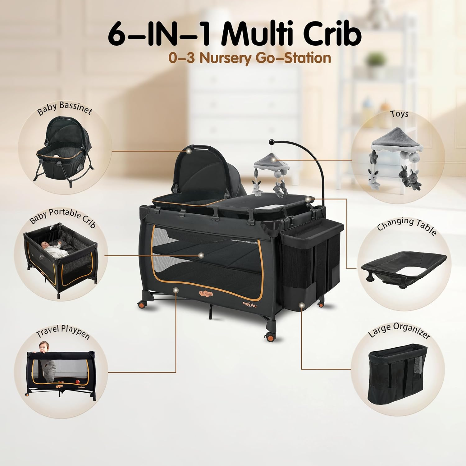 6 in 1 Baby Pack and Play with Bassinet - One-Step Setup Travel Crib, Small Portable Playpen for Babies, Portable Baby Bassinet, Changing Table, Toys Bar & Extra Large Storage Bag