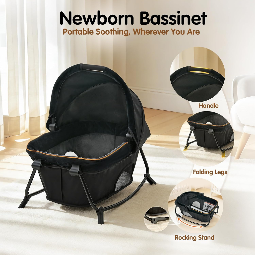 6 in 1 Baby Pack and Play with Bassinet - One-Step Setup Travel Crib, Small Portable Playpen for Babies, Portable Baby Bassinet, Changing Table, Toys Bar & Extra Large Storage Bag
