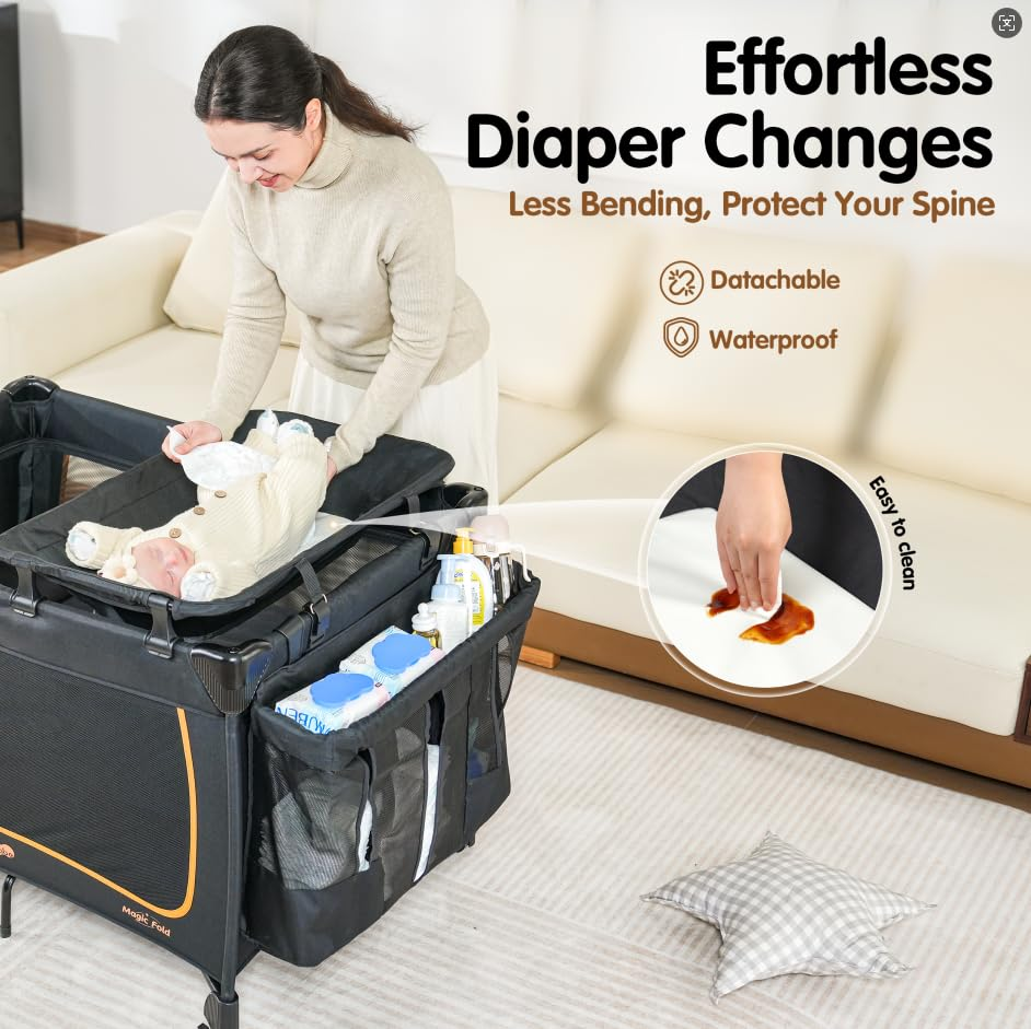 6 in 1 Baby Pack and Play with Bassinet - One-Step Setup Travel Crib, Small Portable Playpen for Babies, Portable Baby Bassinet, Changing Table, Toys Bar & Extra Large Storage Bag
