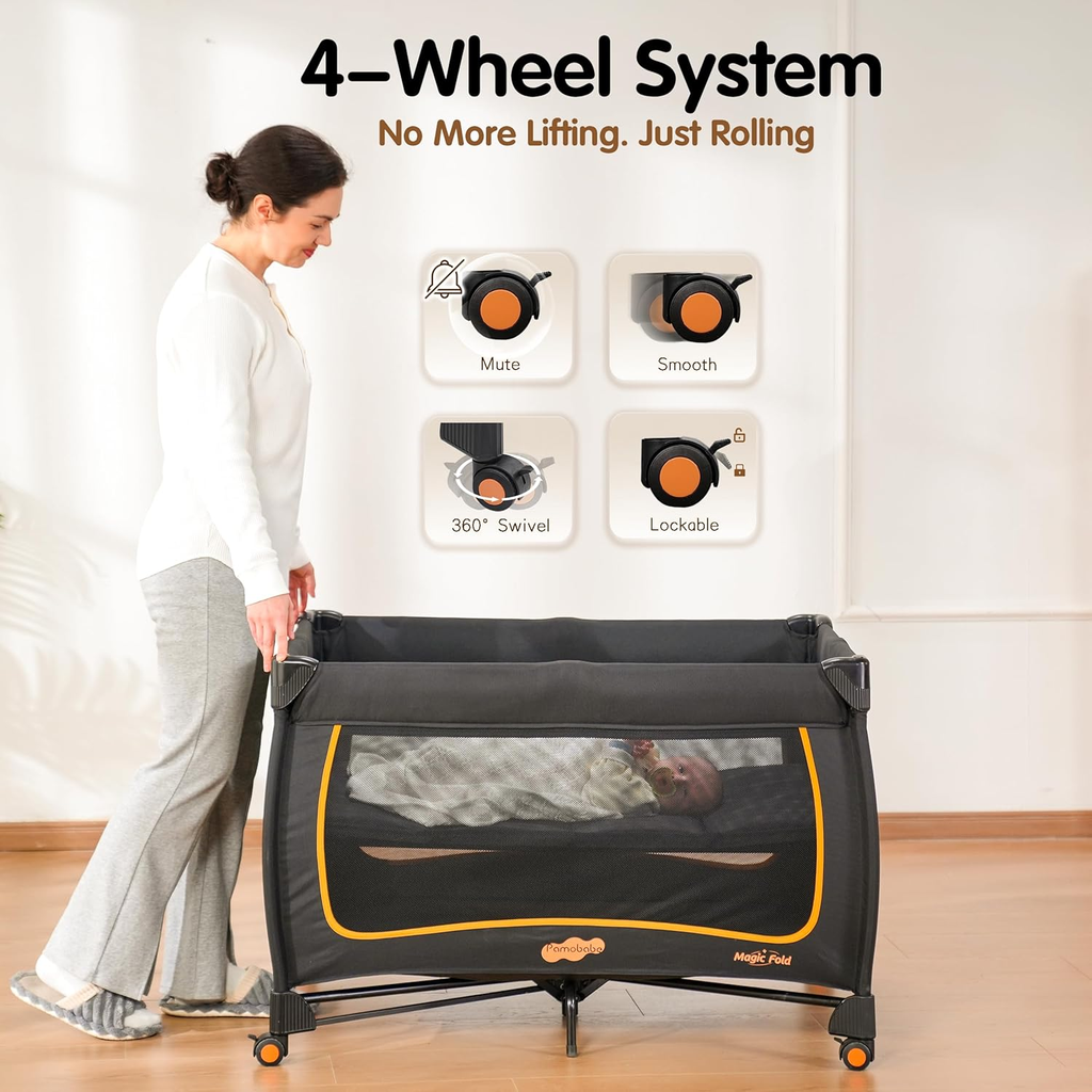 6 in 1 Baby Pack and Play with Bassinet - One-Step Setup Travel Crib, Small Portable Playpen for Babies, Portable Baby Bassinet, Changing Table, Toys Bar & Extra Large Storage Bag