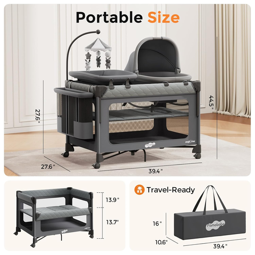 Pack and Play with Bassinet - 7 in 1 One-Step Setup Bedside Crib, Portable Playpen, Travel Crib, Baby Playard with Diaper Changing Station, Toy Bar & Large Storage Bag