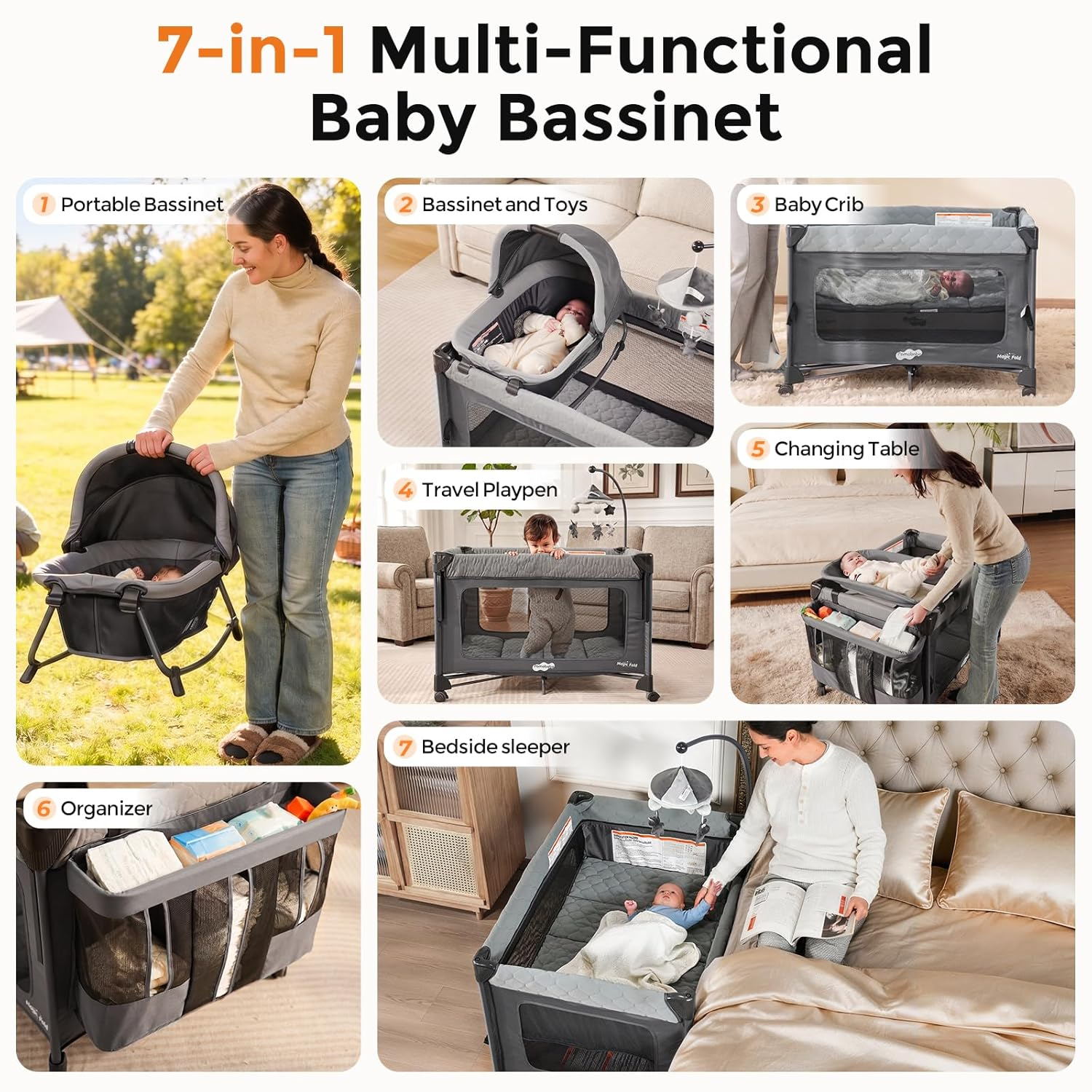Pack and Play with Bassinet - 7 in 1 One-Step Setup Bedside Crib, Portable Playpen, Travel Crib, Baby Playard with Diaper Changing Station, Toy Bar & Large Storage Bag
