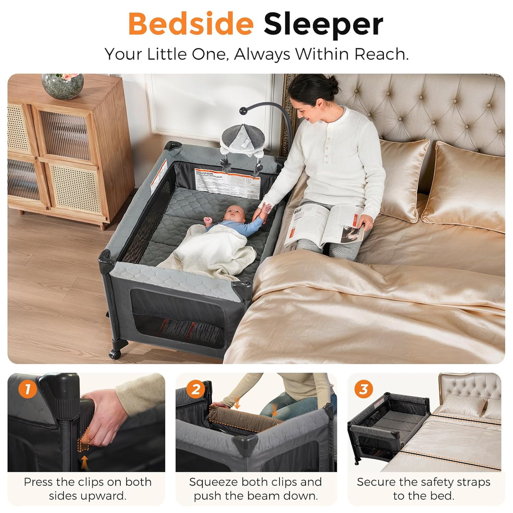 Pack and Play with Bassinet - 7 in 1 One-Step Setup Bedside Crib, Portable Playpen, Travel Crib, Baby Playard with Diaper Changing Station, Toy Bar & Large Storage Bag