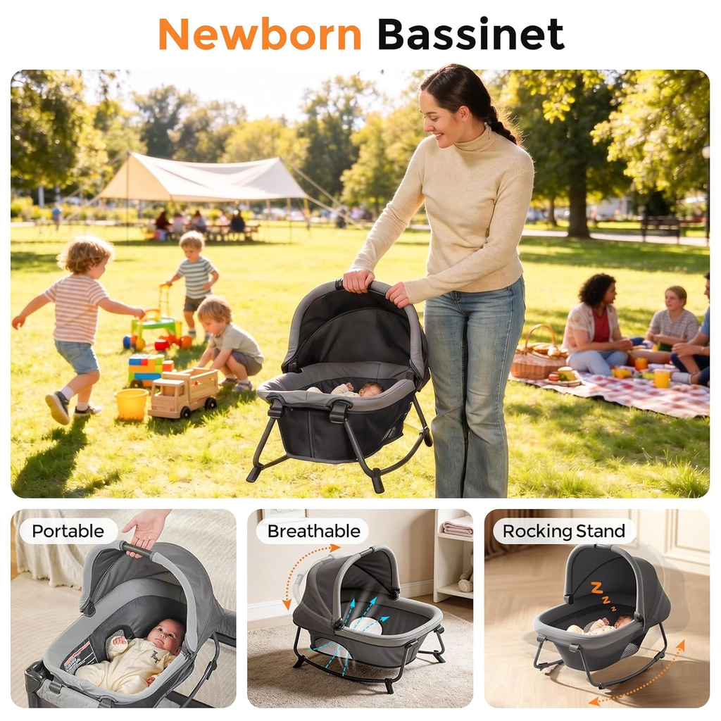 Pack and Play with Bassinet - 7 in 1 One-Step Setup Bedside Crib, Portable Playpen, Travel Crib, Baby Playard with Diaper Changing Station, Toy Bar & Large Storage Bag
