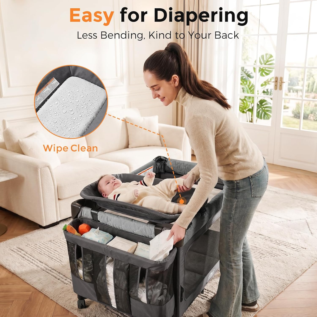 Pack and Play with Bassinet - 7 in 1 One-Step Setup Bedside Crib, Portable Playpen, Travel Crib, Baby Playard with Diaper Changing Station, Toy Bar & Large Storage Bag