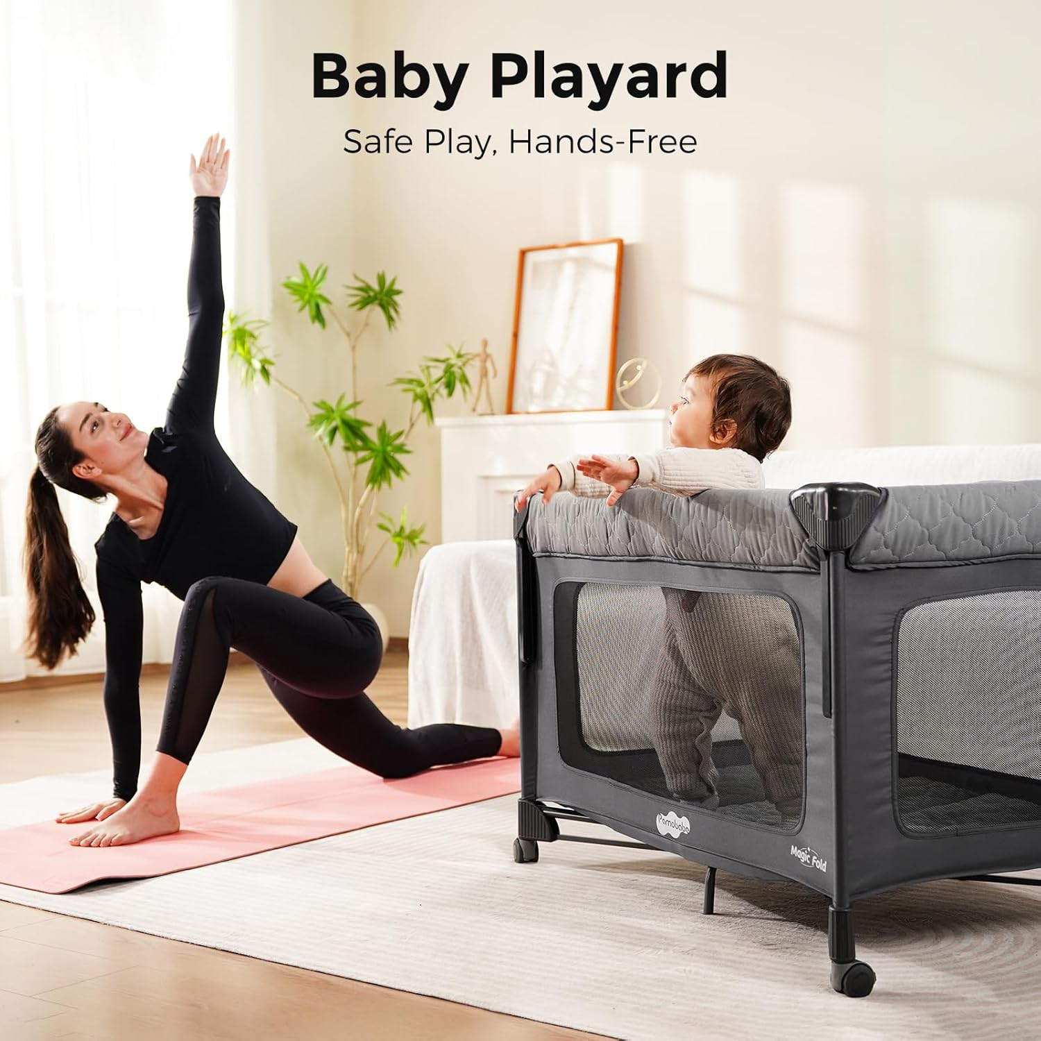 Pack and Play with Bassinet - 7 in 1 One-Step Setup Bedside Crib, Portable Playpen, Travel Crib, Baby Playard with Diaper Changing Station, Toy Bar & Large Storage Bag