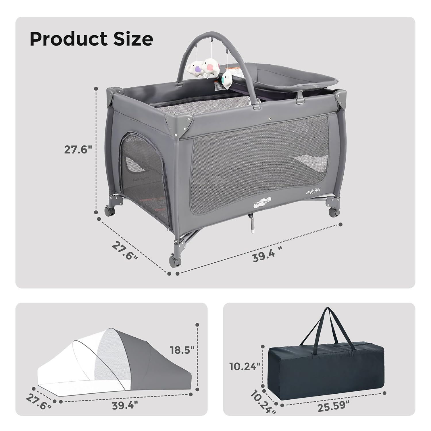 7 in 1 Pack and Play with Bassinet, Portable Crib with Mattress, Diaper Changer, Magic Fold™ One-Step Quick Setup Playard, Mosquito Net, Zipper Door, Toy Arch for Newborn to Toddler