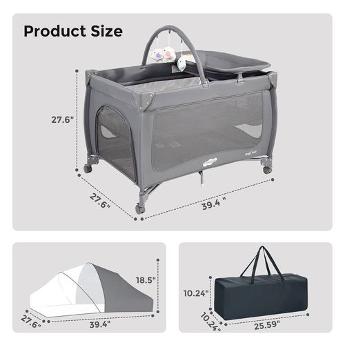 7 in 1 Pack and Play with Bassinet, Portable Crib with Mattress, Diaper Changer, Magic Fold™ One-Step Quick Setup Playard, Mosquito Net, Zipper Door, Toy Arch for Newborn to Toddler