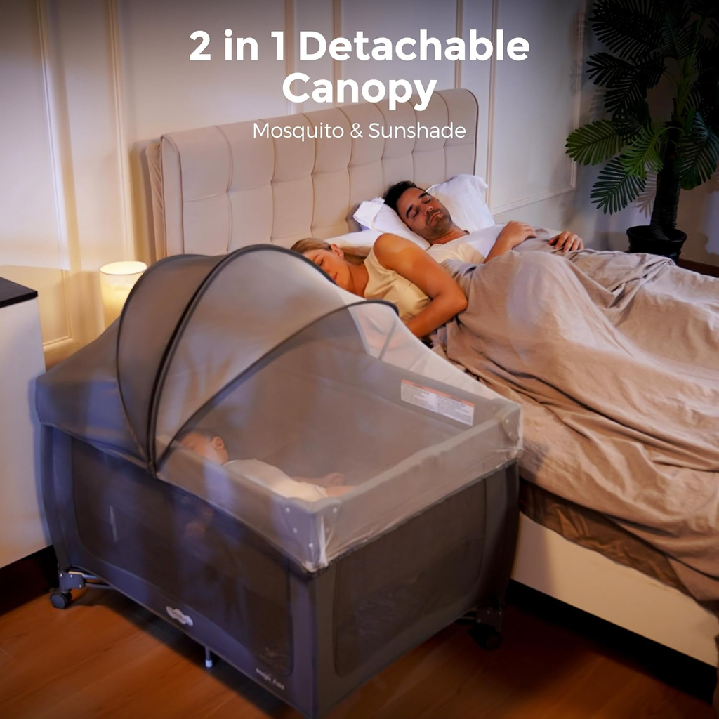 7 in 1 Pack and Play with Bassinet, Portable Crib with Mattress, Diaper Changer, Magic Fold™ One-Step Quick Setup Playard, Mosquito Net, Zipper Door, Toy Arch for Newborn to Toddler
