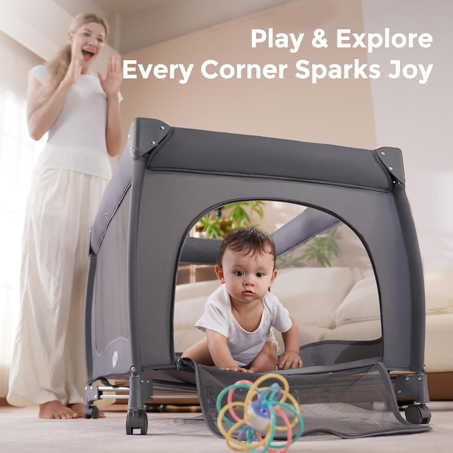 7 in 1 Pack and Play with Bassinet, Portable Crib with Mattress, Diaper Changer, Magic Fold™ One-Step Quick Setup Playard, Mosquito Net, Zipper Door, Toy Arch for Newborn to Toddler