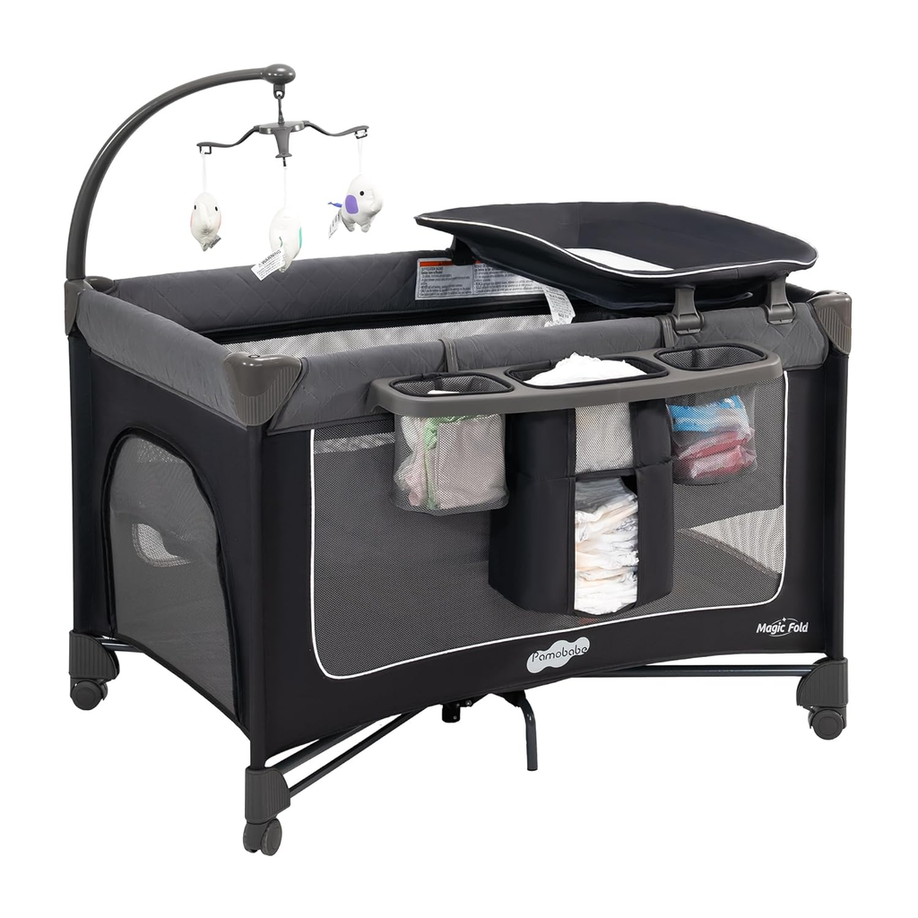 Magic Fold Pack and Play with Bassinet 1 Step Set Foldable Playards Baby Playard with Changing Table Portable Playpen with Zip Door