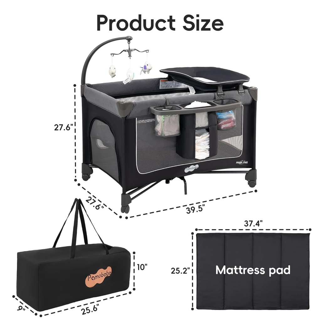 Magic Fold Pack and Play with Bassinet 1 Step Set Foldable Playards Baby Playard with Changing Table Portable Playpen with Zip Door