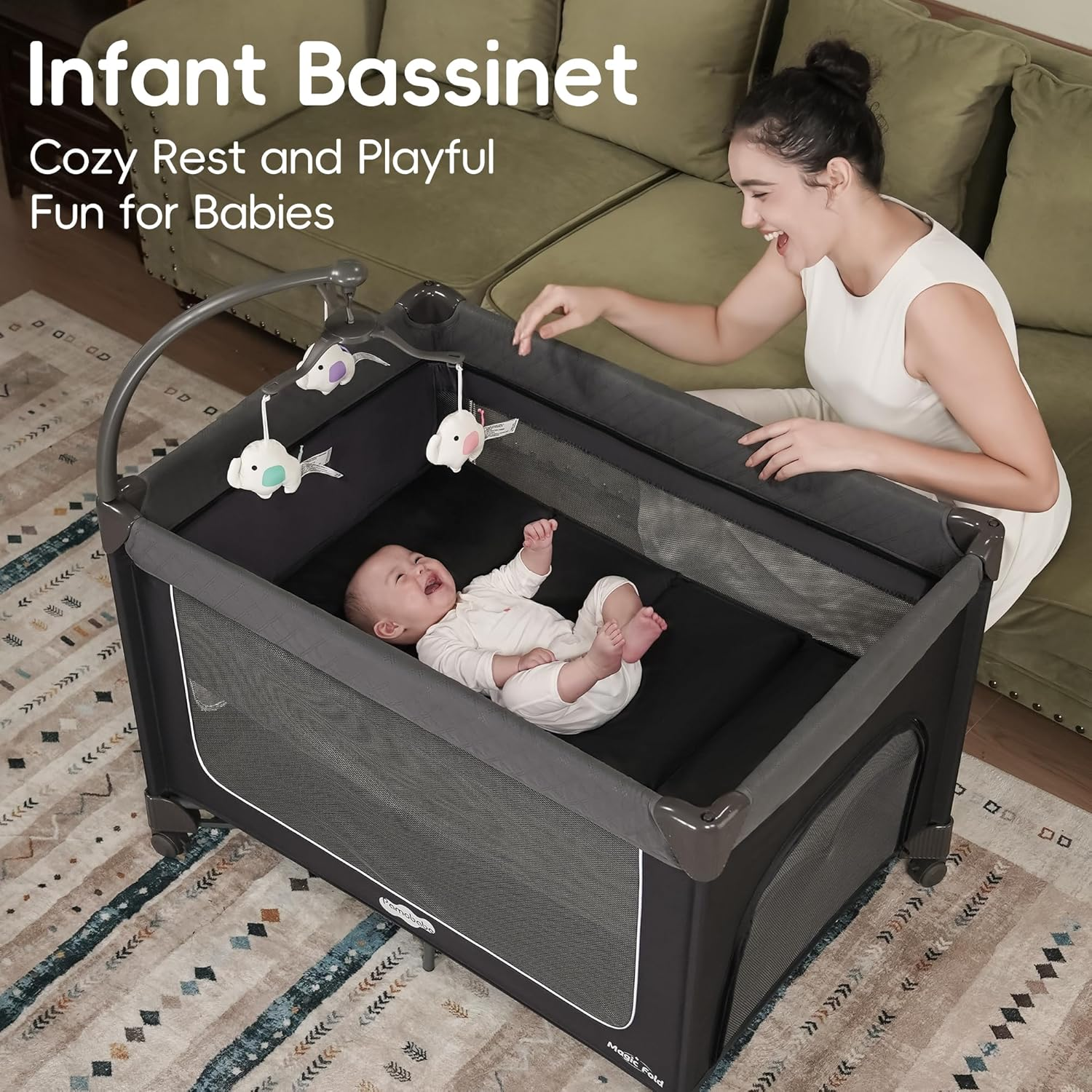 Magic Fold Pack and Play with Bassinet 1 Step Set Foldable Playards Baby Playard with Changing Table Portable Playpen with Zip Door