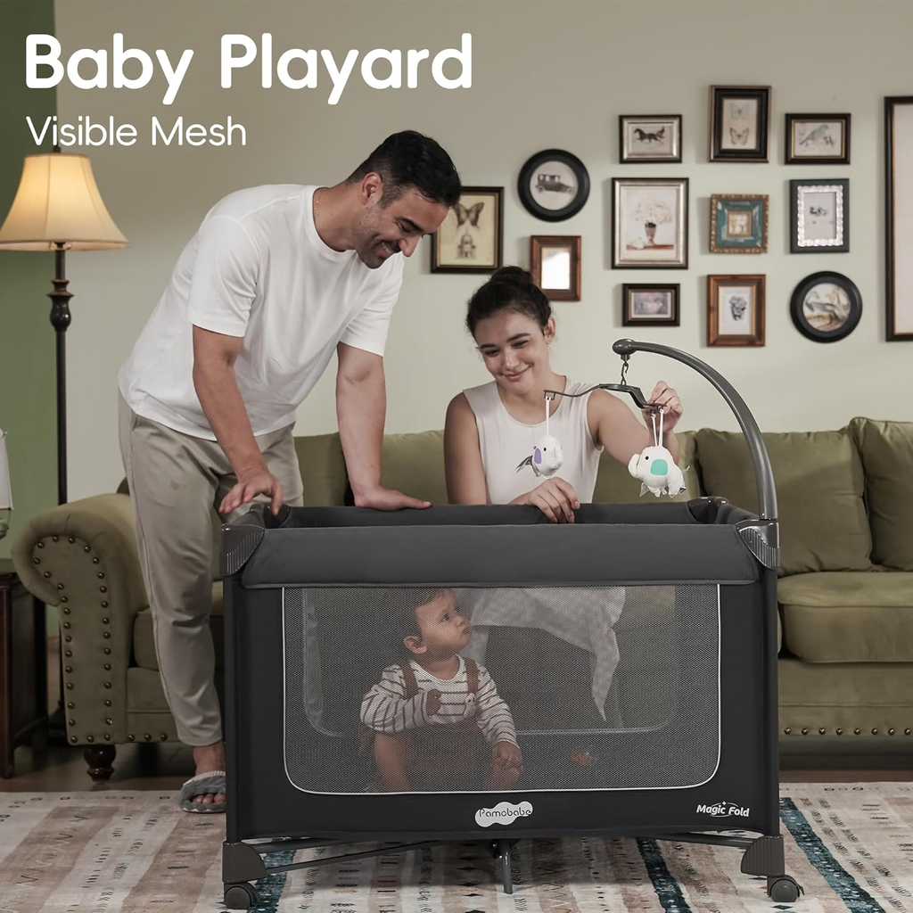 Magic Fold Pack and Play with Bassinet 1 Step Set Foldable Playards Baby Playard with Changing Table Portable Playpen with Zip Door