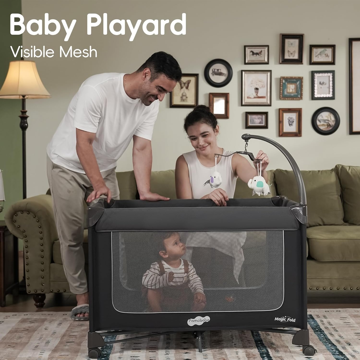 Magic Fold Pack and Play with Bassinet 1 Step Set Foldable Playards Baby Playard with Changing Table Portable Playpen with Zip Door