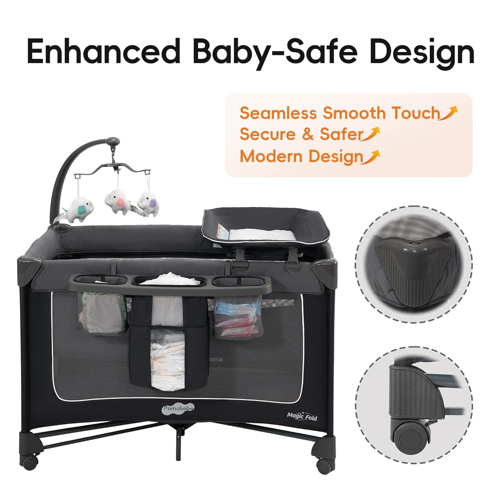 Magic Fold Pack and Play with Bassinet 1 Step Set Foldable Playards Baby Playard with Changing Table Portable Playpen with Zip Door